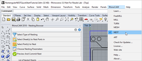 From the drop down menu bar select RhinoCAM > Nesting Browser 