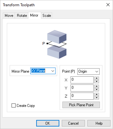 Dialog Box: Transform Toolpath, Mirror tab Dialog Box: Transform Toolpath, Mirror tab