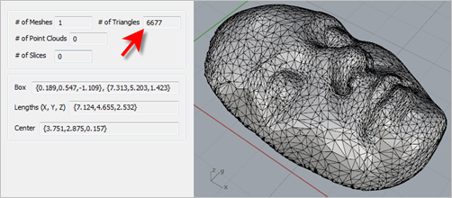After Reduce Mesh, the RhinoCAM Browser reports a total of 6,677 facets. After Reduce Mesh, the RhinoCAM Browser reports a total of 6,677 facets.