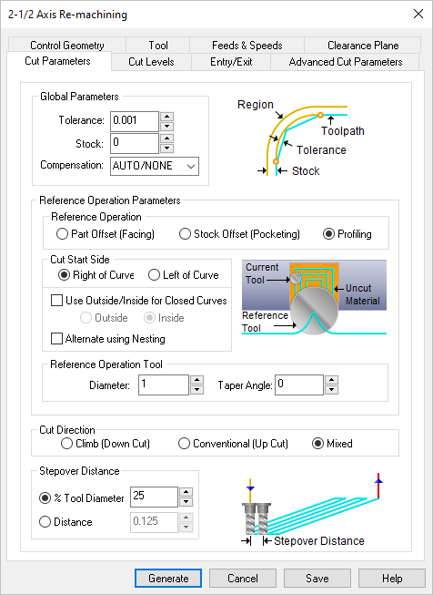 Dialog Box: 2½ Axis Re-Machining Dialog Box: 2½ Axis Re-Machining