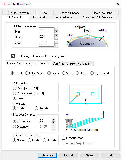 Dialog Box: Cut Parameters tab, 3 AxisHorizontal Roughing Dialog Box: Cut Parameters tab, 3 AxisHorizontal Roughing