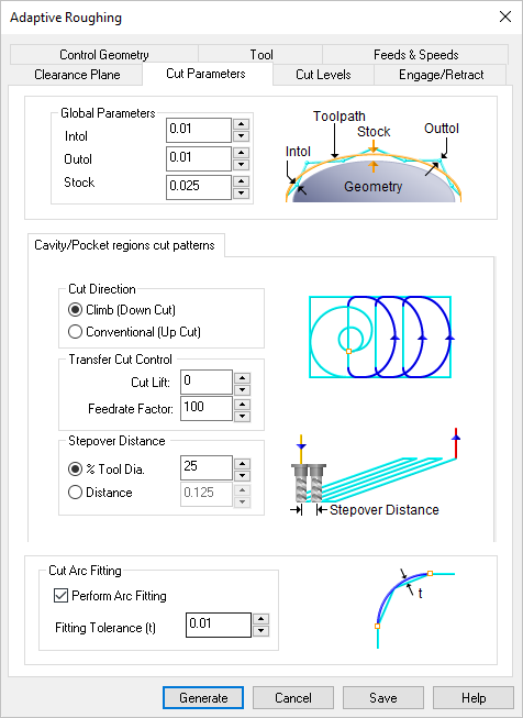 Dialog Box: Cut Parameters tab, 3 Axis Adaptive Roughing Dialog Box: Cut Parameters tab, 3 Axis Adaptive Roughing
