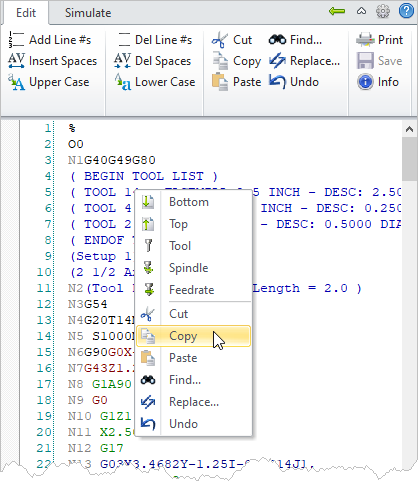 G-Code Browser, Edit Tab G-Code Browser, Edit Tab
