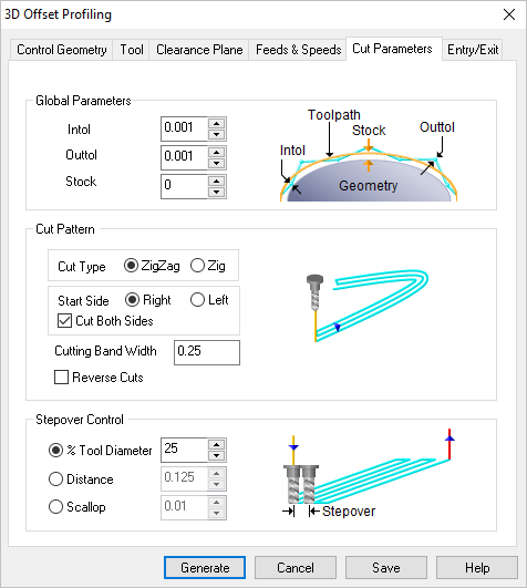 Dialog Box: Cut Parameters tab, 3D Offset Profiling, 3 Axis Dialog Box: Cut Parameters tab, 3D Offset Profiling, 3 Axis