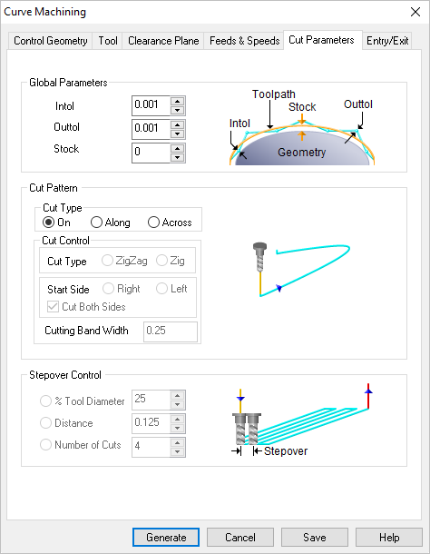 Dialog Box: Cut Parameters tab, Curve Machining, 3 Axis Dialog Box: Cut Parameters tab, Curve Machining, 3 Axis