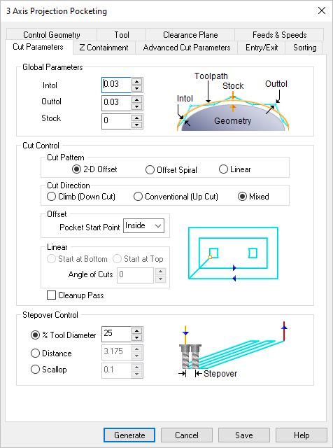 Dialog Box: Cut Parameters tab, Projection Pocketing, 3/4 Axis Dialog Box: Cut Parameters tab, Projection Pocketing, 3/4 Axis
