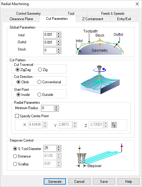 Dialog Box: Cut Parameters tab, Radial Machining, 3 Axis Dialog Box: Cut Parameters tab, Radial Machining, 3 Axis