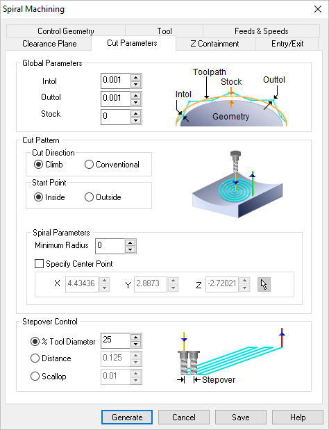 Dialog Box: Cut Parameters tab, Spiral Machining, 3 Axis Dialog Box: Cut Parameters tab, Spiral Machining, 3 Axis