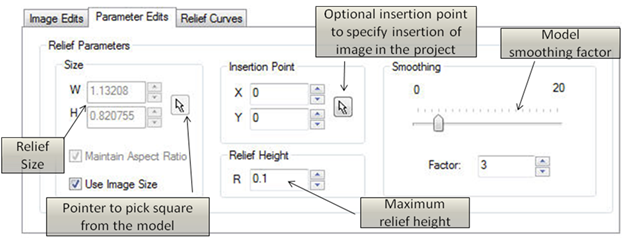 Dialog Box: 3D Relief Operation, Parameter Edits tab Dialog Box: 3D Relief Operation, Parameter Edits tab