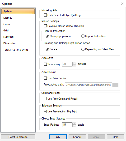 Dialog Box: Options > System Dialog Box: Options > System