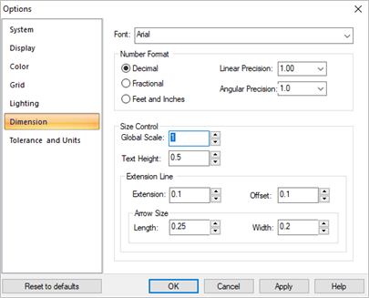 Dialog Box: Options > Dimension