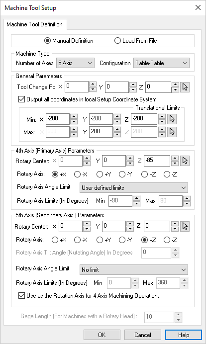Dialog Box: Machine Tool Setup - Manual Definition