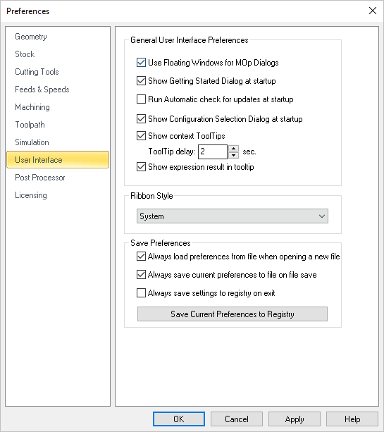 Dialog Box: Set User Interface Preferences