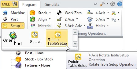 Machining Browser: Setup, Rotate Table Setup menu item 