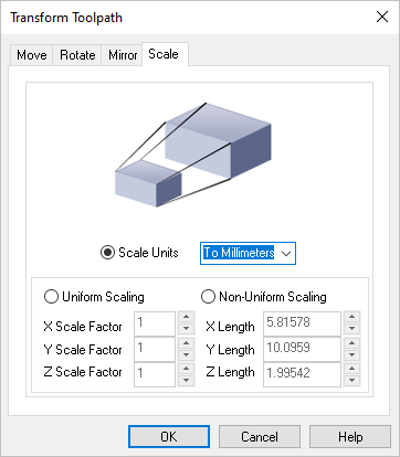 Dialog Box: Transform Toolpath, Scale tab Dialog Box: Transform Toolpath, Scale tab