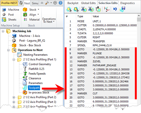 Toolpath Editor, Selection Edits Example Toolpath Editor, Selection Edits Example