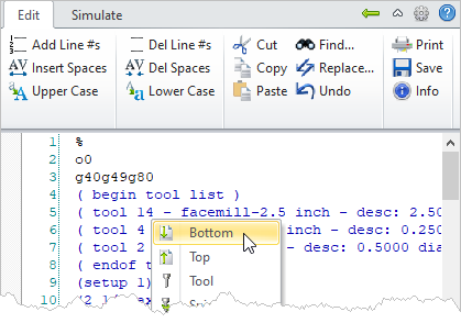 G-Code Browser: Edit tab, Bottom (Right-Click Menu)
