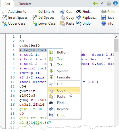 G-Code Browser: Edit tab, Copy Text (Right-Click Menu)