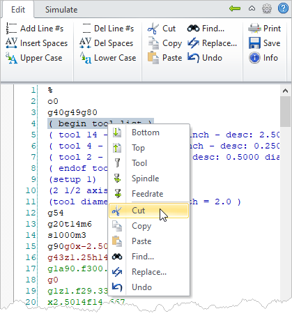 G-Code Browser: Edit tab, Cut Text (Right-Click Menu)
