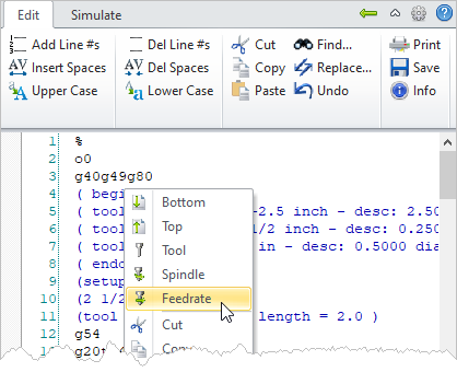 G-Code Browser: Edit tab, Next Feedrate (Right-Click Menu)