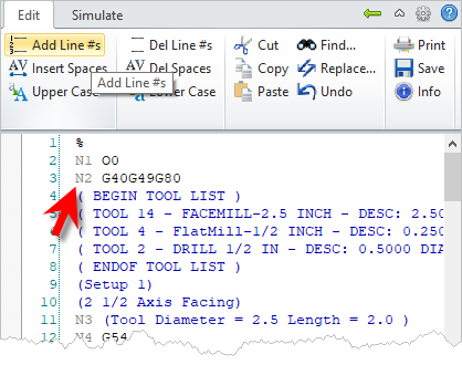 G-Code Browser: Edit G-Code tab, Add Line # menu item