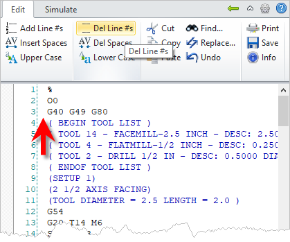 G-Code Browser: Edit G-Code tab, Delete Line # menu item
