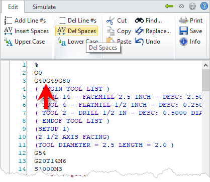 G-Code Browser: Edit G-Code tab, Delete Spaces menu item