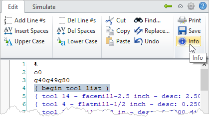G-Code Browser: Edit G-Code tab, Info menu item