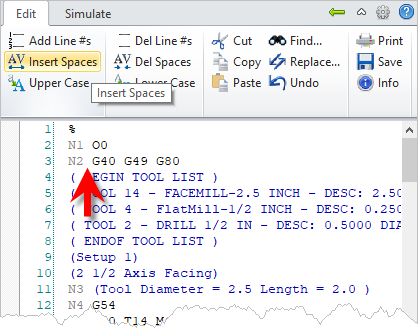 G-Code Browser: Edit G-Code tab, Insert Spaces menu item