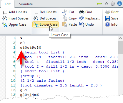 G-Code Browser: Edit G-Code tab, Lower Case menu item