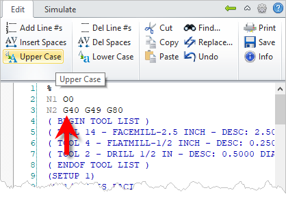 G-Code Browser: Edit G-Code tab, Upper Case menu item