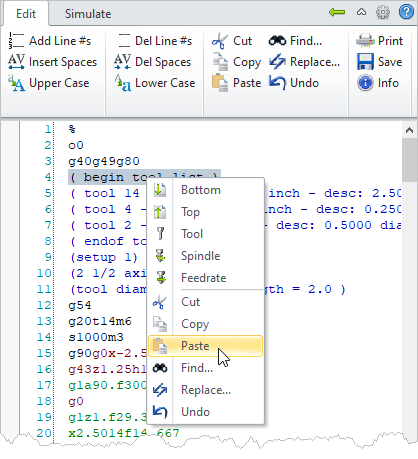 G-Code Browser: Edit tab, Paste Text (Right-Click Menu)