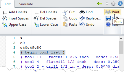 G-Code Browser: Edit tab, Print menu item