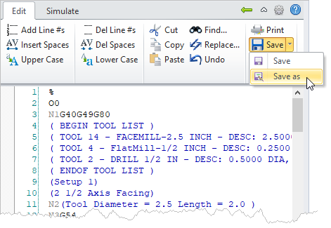 G-Code Browser: Edit tab, Save As menu item