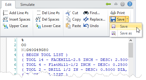 G-Code Browser: Edit tab, Save menu item
