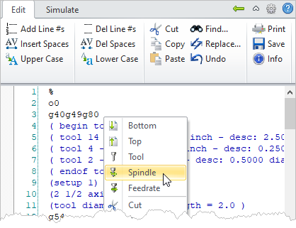 G-Code Browser: Edit tab, Next Spindle (Right-Click Menu)
