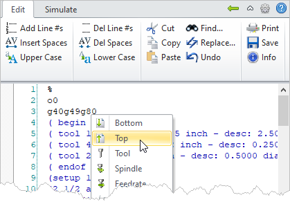 G-Code Browser: Edit tab, Top (Right-Click Menu)