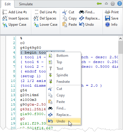 G-Code Browser: Edit tab, Undo Last Edit (Right-Click Menu)