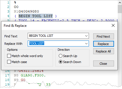 Use this dialog to Find & Replace text within your gcode file. 