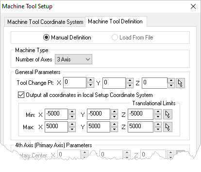 Dialog Box: Machine Tool Setup - Manual Definition Dialog Box: Machine Tool Setup - Manual Definition