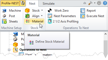 Machining Browser: Material menu item Machining Browser: Material menu item