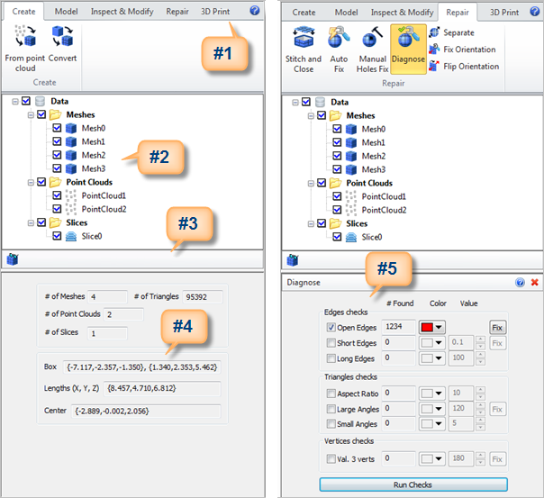 VisualCAM Browser: (1) Ribbon Bar (2) Data Tree, (3) Toolbar (4) Information Window, (5) Dialog Window