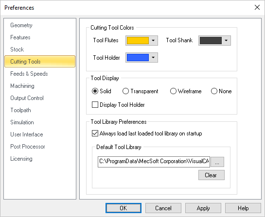 Dialog Box: CAM Preferences > Cutting Tools