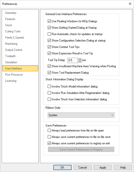 Dialog Box: CAM Preferences > User Interface