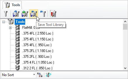 From the Tools tab of the Machining Objects Browser, select the Save Tool Library button 