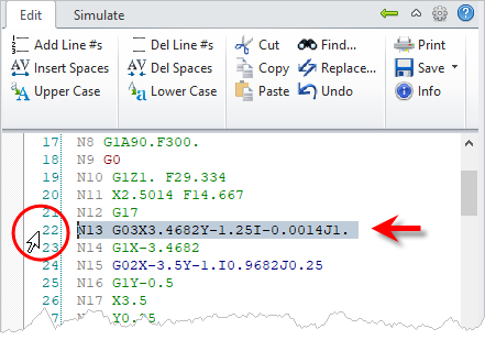 G-Code Browser: Edit G-Code tab, Select Whole Line