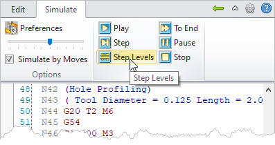 G-Code Browser: Simulate, Step Levels menu item