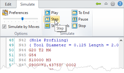 G-Code Browser: Simulate, Step menu item