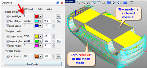 After Stitch & Close, Diagnose reports 0 <zero> open edges and the mesh is closed!