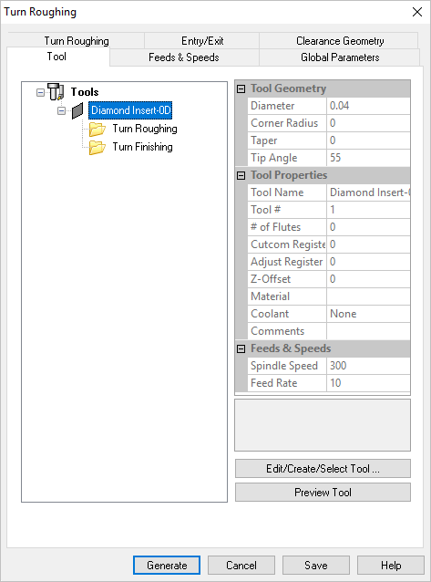 Dialog Box: Tool tab, Turn Roughing operations